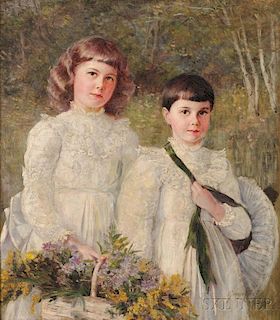 George Vaughan Curtis (Anglo/American, 1859-1943)  A Bouquet for Mother/An En Plein Air Portrait of Two Siblings....