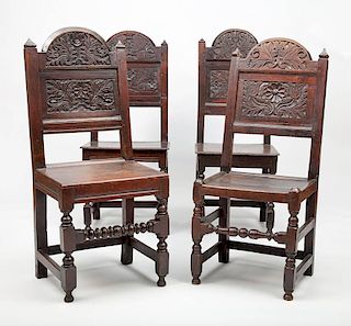 Assembled Group of Eight Jacobean Style Carved Oak Dining Chairs