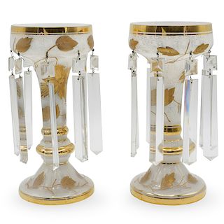 Pair Of Antique Gold Leaf Opaline Lusters