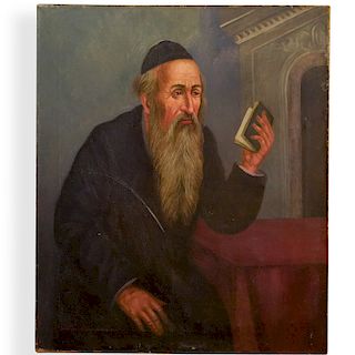 Signed Judaica Rabbi Oil Painting