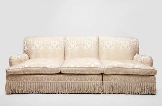 Two Cream Colored Damask Upholstered Sofas