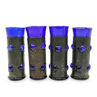 (4 Pc) Vintage Cobalt Glass and Iron Vases