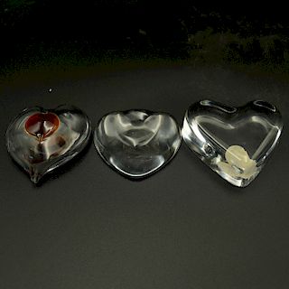 (3 Pc) Lot Of Crystal Heart Paperweights