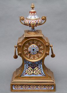 French Champleve Enamel Gilt Bronze Mantel Clock