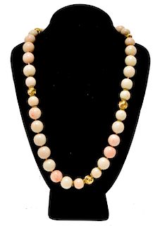 14K Yellow Gold & Angel Skin Coral Beads Necklace