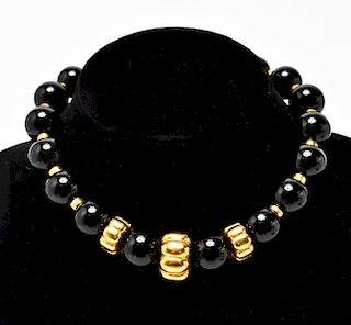 18K Yellow Gold & Black Onyx Beads Choker Necklace