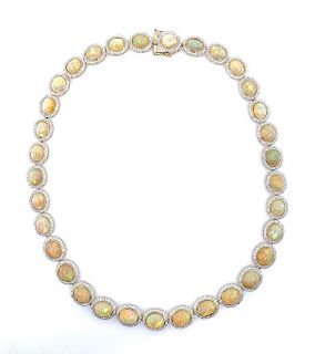 Ladies 14K Gold Opal and Diamond Necklace