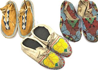 Three Pairs of Native American Beaded Hide Moccasins