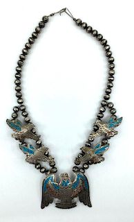 J. Nezzie Navajo Turquoise and Coral Eagle Necklace