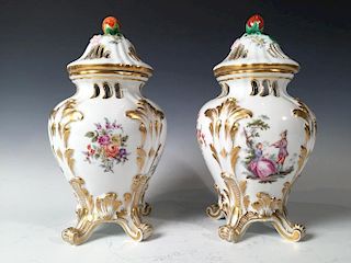 Pair Dresden Porcelain Covered Potpourri Vases