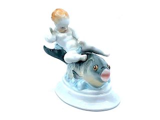Herend Porcelain  Porcelain Figure,Boy on Fish