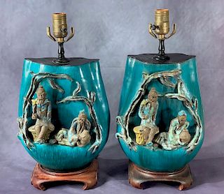 Pair Marcello Fantoni Glazed Ceramic Lamps, c. 1960s