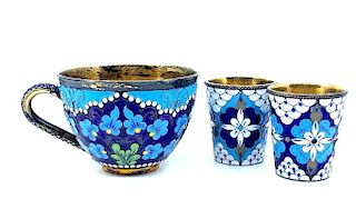 Russian Cloisonne Enamel Teacup and Two Vodka Cups