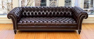Brass-Studded Tufted Leather Chesterfield Sofa