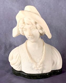 Alabaster Bust of Young Woman with Hat