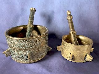 Two Early Brass Mortar and Pestles