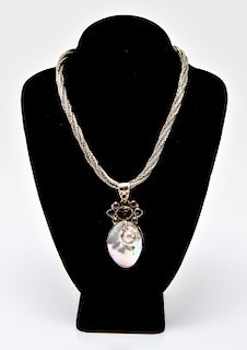 Silver Pendant Necklace with MOP, Topaz & Quartz