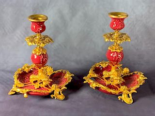 Pair of German Porcelain and Gilt Bronze Candlesticks