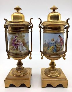 Pair of Gilt Bronze Mounted Garniture Urns