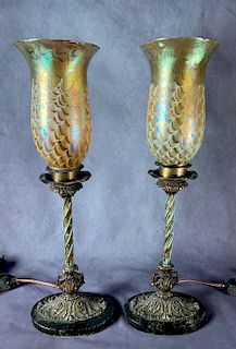 Pair of American Art Glass Shades on Cast Metal Torchere Lamps
