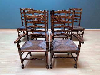 Set of Six Oak Ladderback Rush Seat Dining Chairs