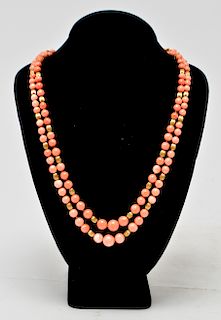 14K Gold & Coral Beads Double Strand Necklace