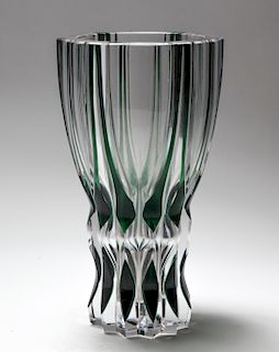Val St. Lambert Green Cut to Clear Crystal Vase