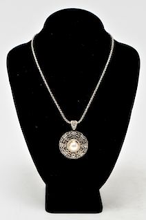 T&C 14K Gold & Silver Pearl & Diamonds Pendant