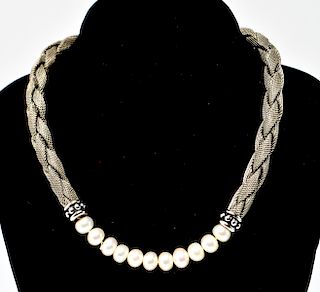 Sterling Silver Mesh Braid and Pearls Necklace