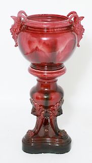 Majolica Red Satyr Mask Jardiniere & Pedestal
