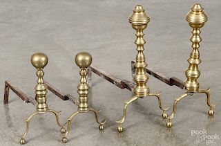Two pair of Federal brass andirons, ca. 1820, 11 3/4'' h. and 16 1/2'' h.