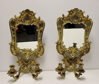 Pair Of Large Bronze Mirror Back 2 Arm Sconces