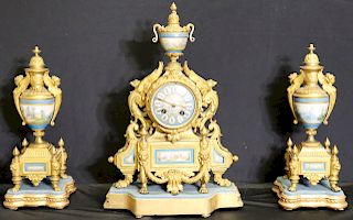 Signed Dore Bronze Clock Garniture Set With Sevres