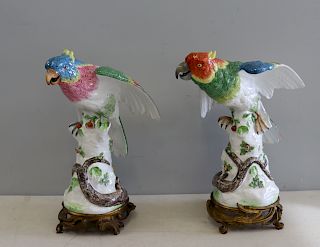 Pair Of Large Bronze Mounted Porcelain Parrots.