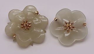 JEWELRY. (2) Carved Celadon Jade Floral Brooches.