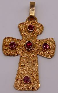 JEWELRY. Signed 22kt Gold and Colored Gem Cross.