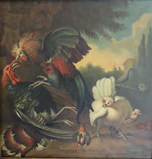 UNSIGNED. Oil On Canvas Fighting Hens