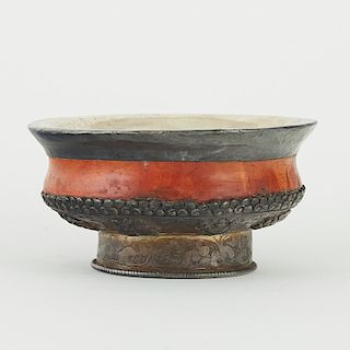 Tibetan Silver and Wood Bowl
