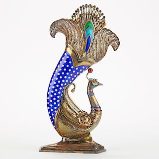 Chinese Enameled Silver Peacock - PRC