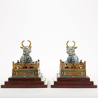 Pair Chinese Cloisonne Bulls w/ Stands