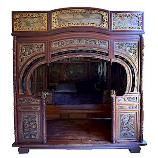 Early 20th c. Chinese Painted Wood Wedding Bed