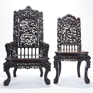 Pair Chinese Export Carved Rosewood Side Chairs