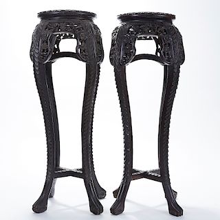 Pair Chinese Carved Rosewood Plant Stands w/ Marble Inset