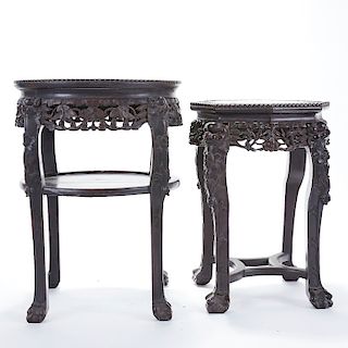 Pr: Chinese Carved Rosewood Side Tables w/ Marble Inset