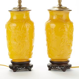 Pair Chinese Yellow Peking Glass Vases Mounted as Lamps