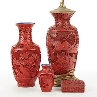 Grp: 4 Chinese 20th c. Cinnabar Lacquer Objects
