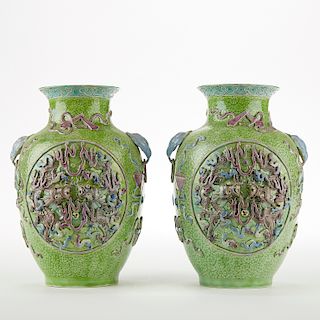 Pair 20th c. Chinese Biscuit Glazed  Porcelain Vases