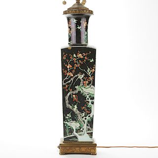 19th c Chinese Kangxi Style Famille Noire Vase / Lamp