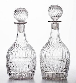 BLOWN-MOLDED GIII-2 TYPE 2 "GIN" AND "WINE" QUART DECANTERS, LOT OF TWO