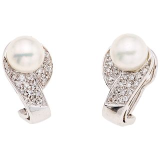 PAIR OF CULTURED PEARLS AND DIAMONDS EARRINGS. 14K WHITE GOLD